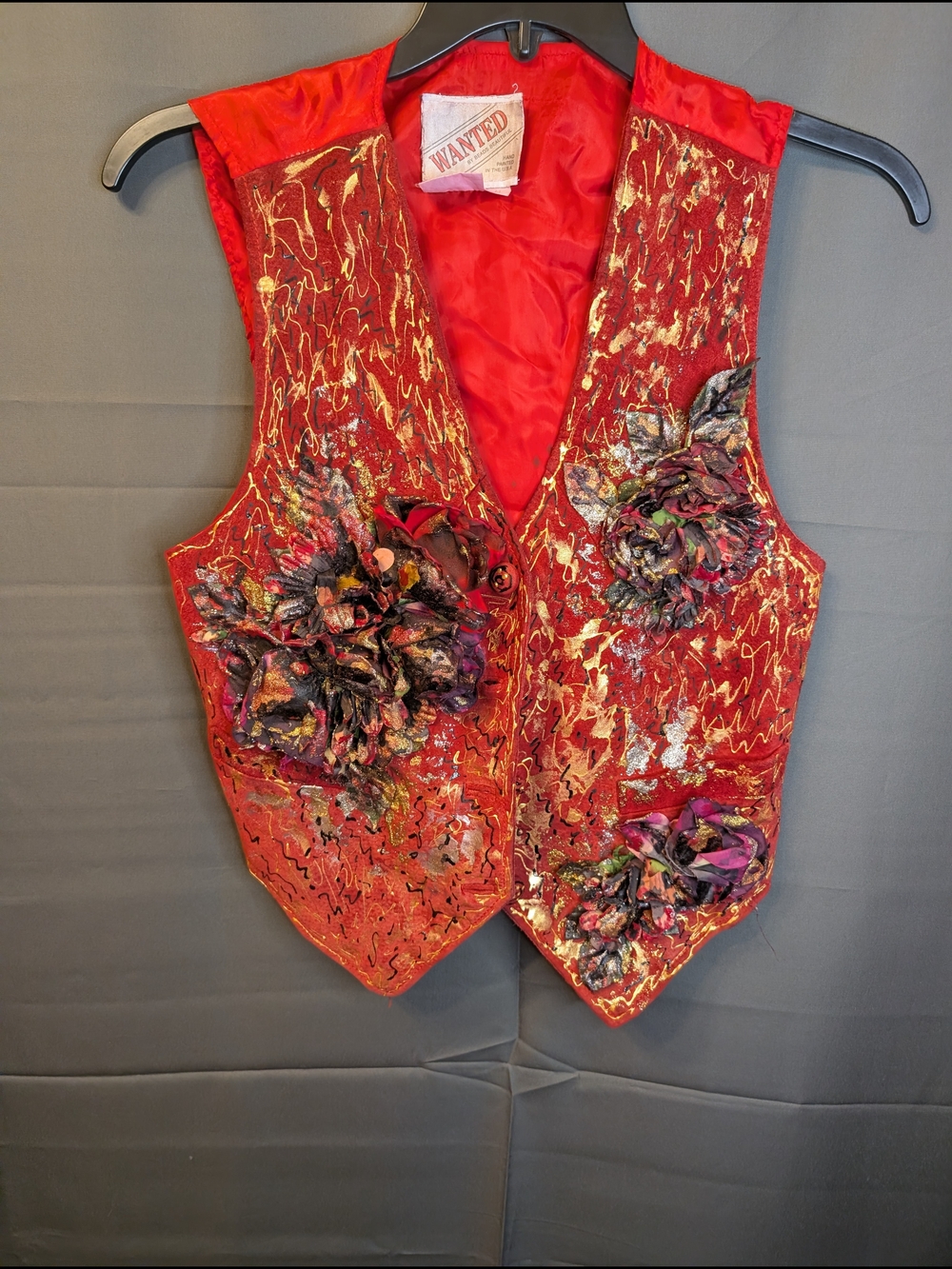 VTG 90s Upcycled Red Suede Wearable Art Vest Maximalist 3D Floral Gold Metallic